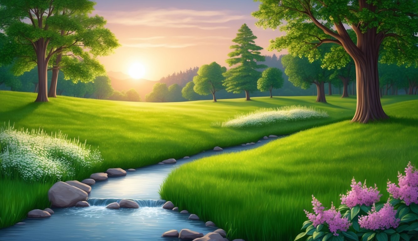 A serene landscape with a gentle stream flowing through a lush green meadow, surrounded by blooming flowers and tall trees.</p><p>The sun is setting, casting a warm, golden glow over the scene