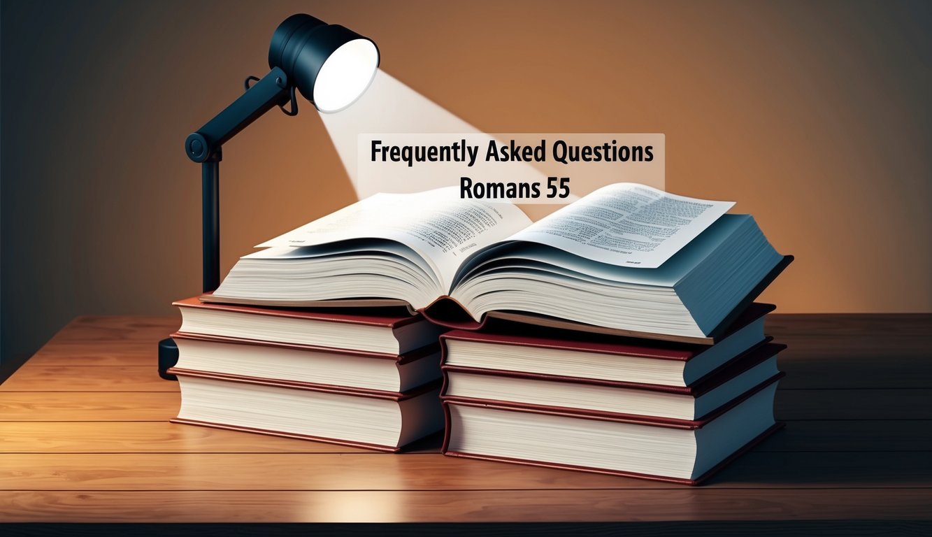 A stack of open books with a spotlight on the title "Frequently Asked Questions Romans 55" on a wooden table