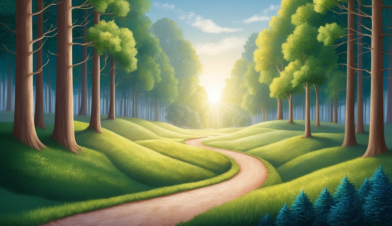 A serene landscape with a winding path leading to a peaceful, sunlit clearing surrounded by tall trees