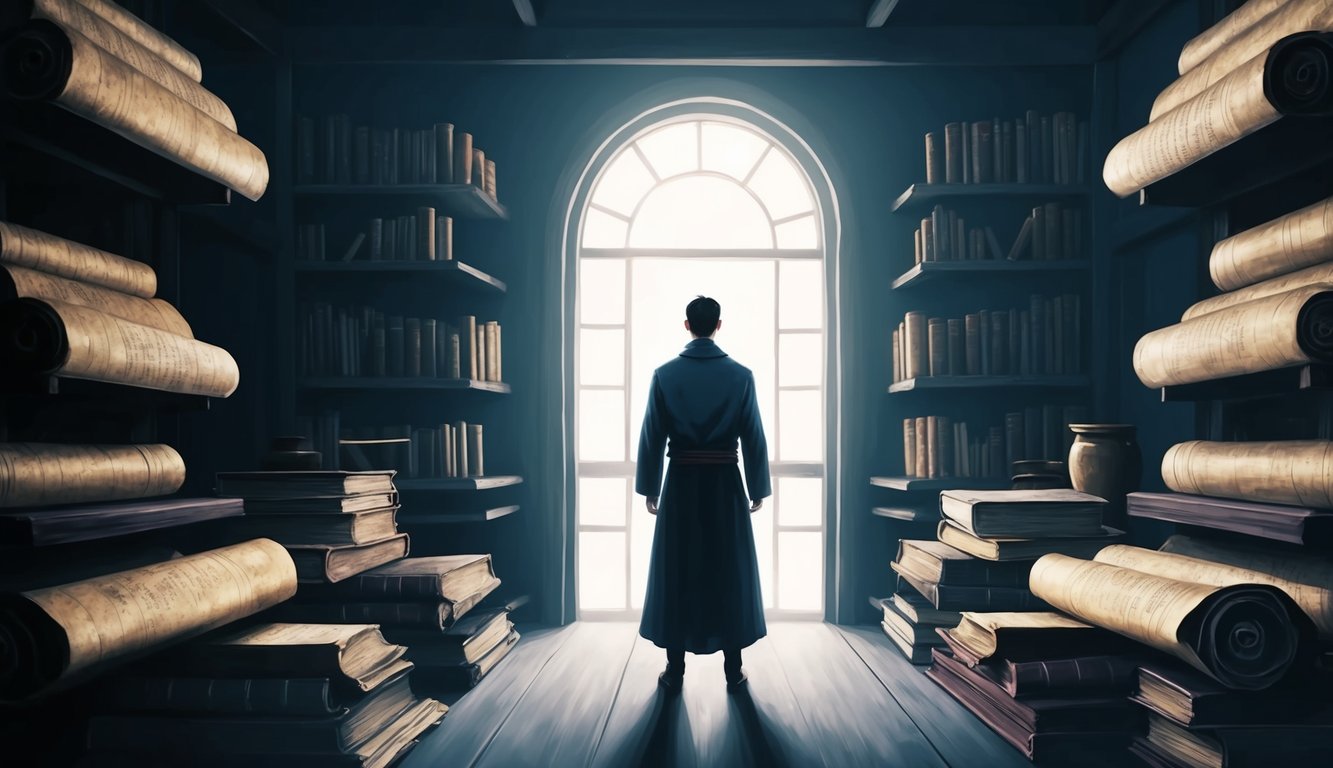 A solitary figure stands in a dimly lit room, surrounded by ancient scrolls and books.</p><p>A sense of contemplation and reverence fills the space