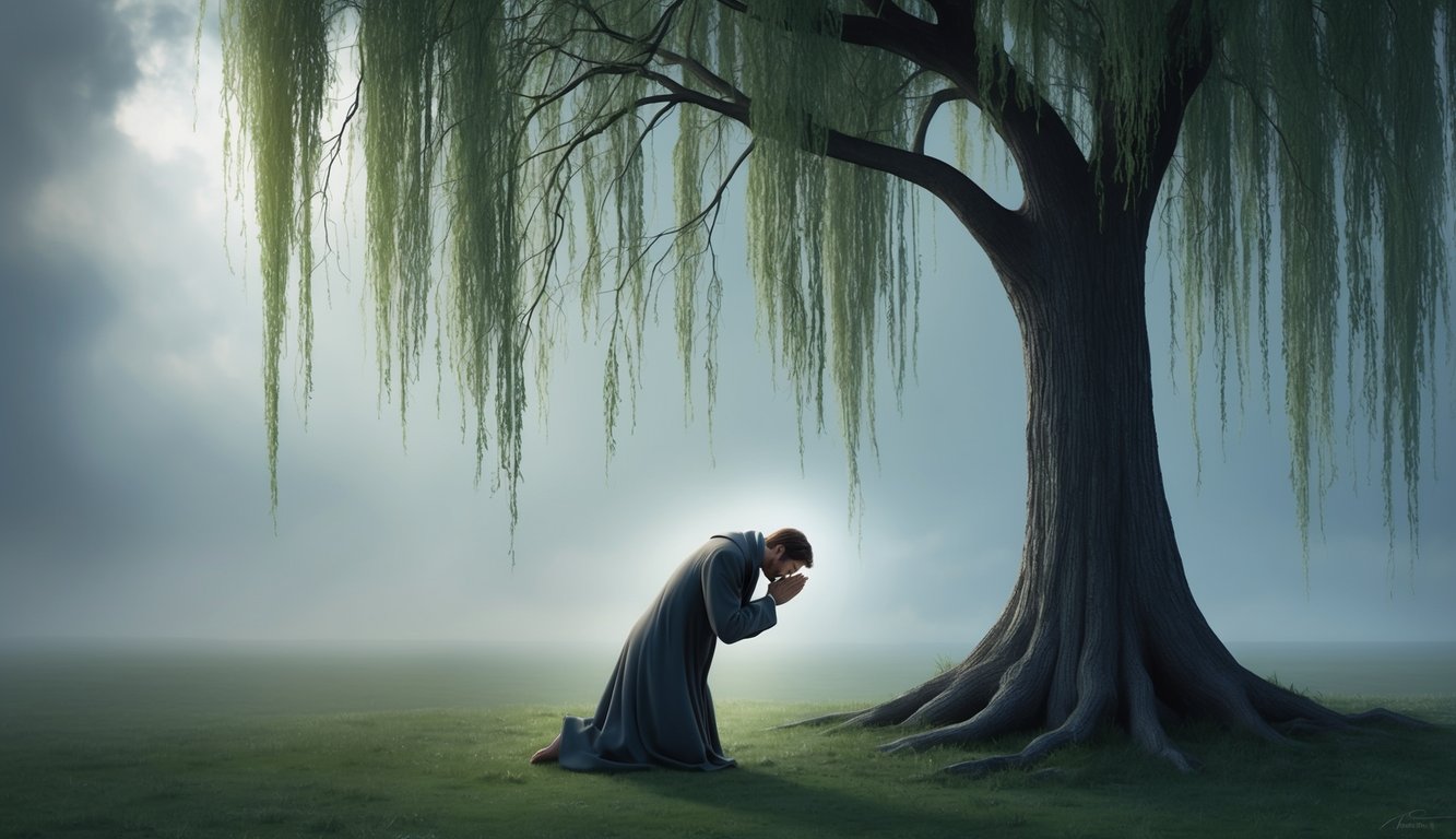 A solitary figure kneels in prayer beneath a weeping willow tree, surrounded by a sense of anguish and longing