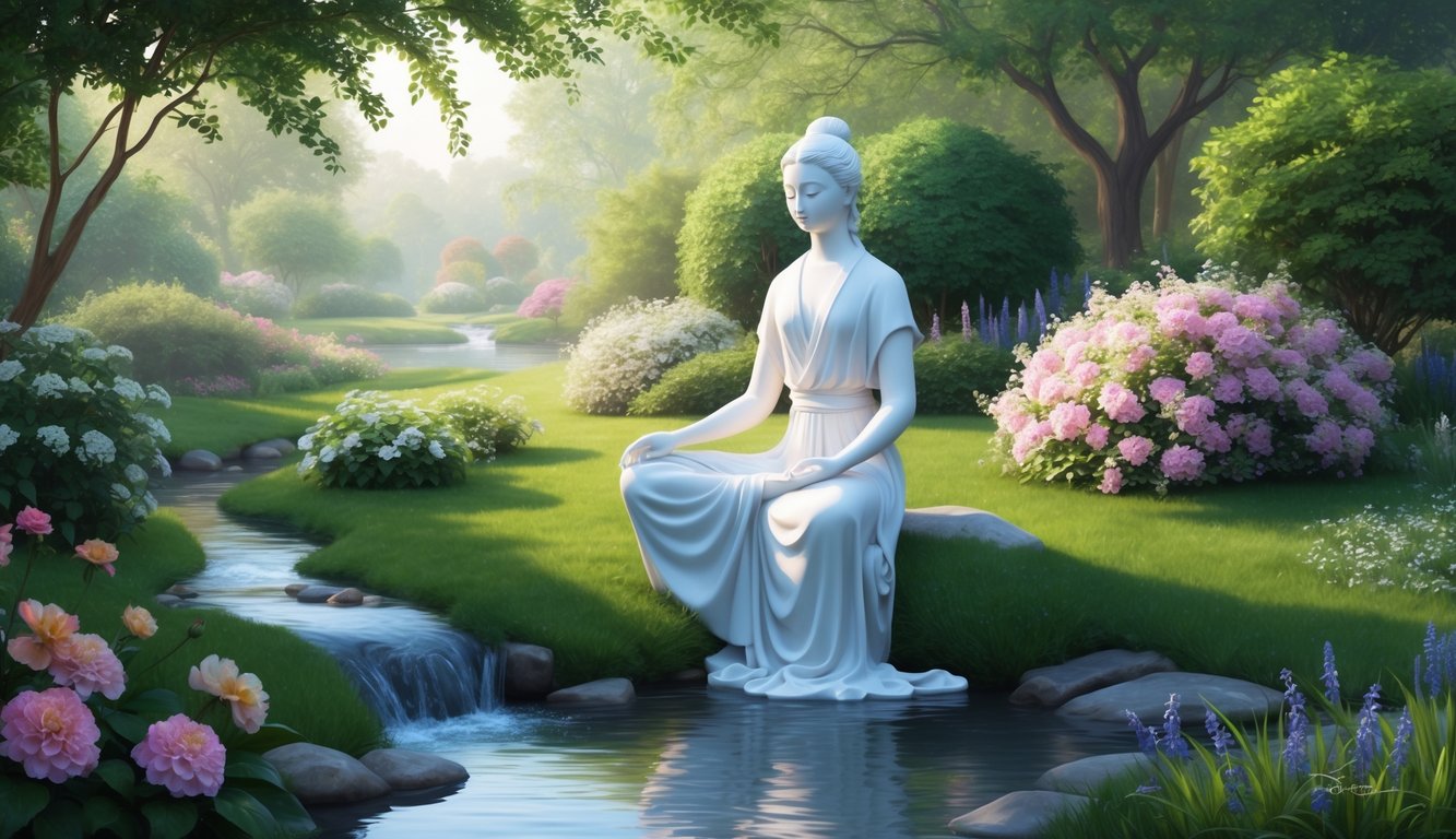 A serene figure sits in quiet contemplation amidst a lush, peaceful garden, surrounded by blooming flowers and gentle flowing water