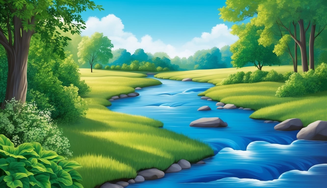 A serene landscape with a flowing stream, lush greenery, and a clear blue sky, evoking a sense of peace and harmony