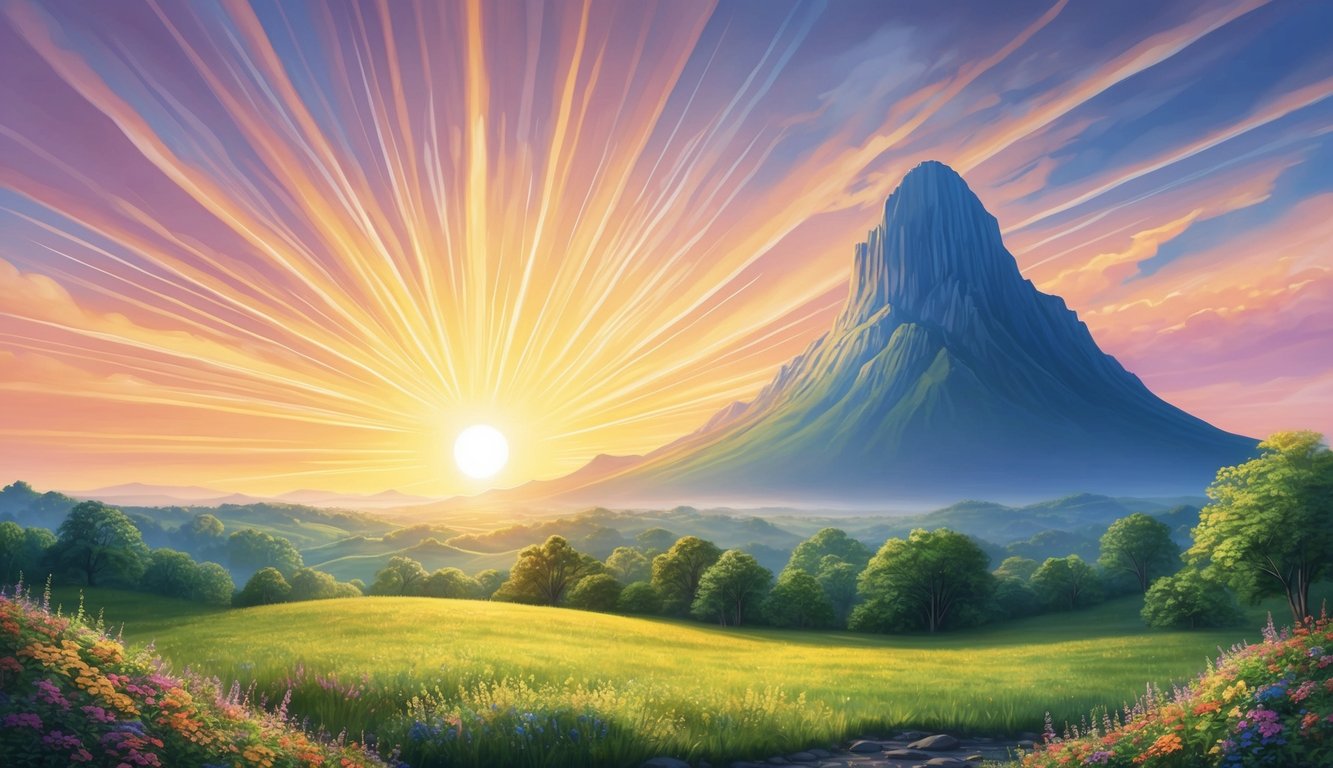 A radiant sunrise over a peaceful, flourishing landscape with a majestic, towering mountain in the distance