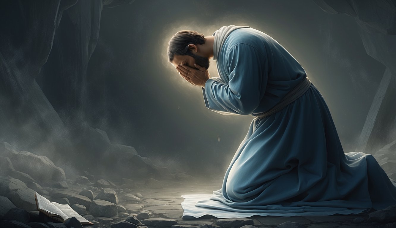 A figure kneeling in prayer, surrounded by a sense of desperation and seeking solace.</p><p>The atmosphere is heavy and solemn, with a feeling of anguish and supplication