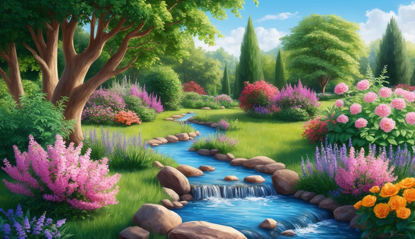 A peaceful garden with a flowing stream and blooming flowers