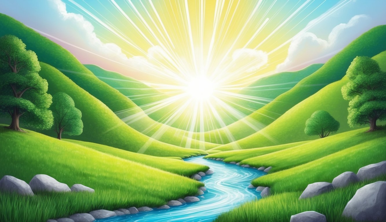 A serene landscape with a radiant light shining down on a peaceful valley, surrounded by lush green hills and a clear, flowing stream