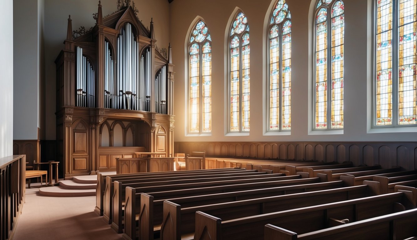 Sunlight streaming through stained glass onto a peaceful, empty sanctuary with rows of wooden pews and a grand, ornate pipe organ