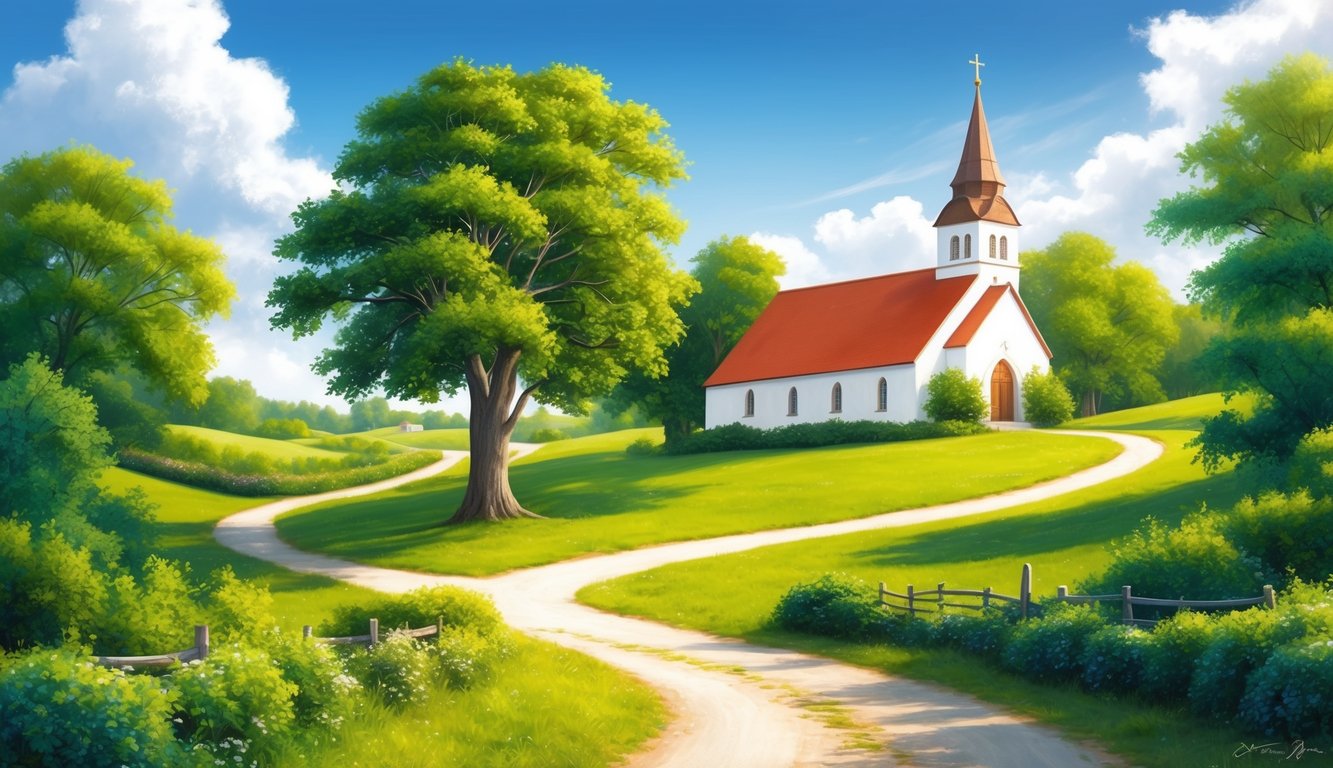 A peaceful countryside with a small church and a winding path, surrounded by lush greenery and a clear blue sky