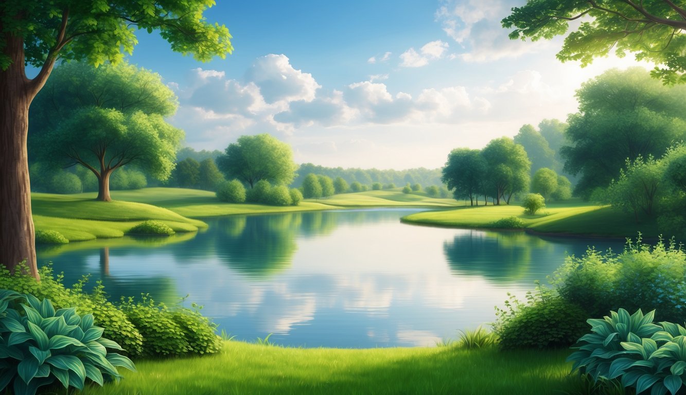 A peaceful and harmonious landscape with lush greenery and a serene body of water reflecting the sky above