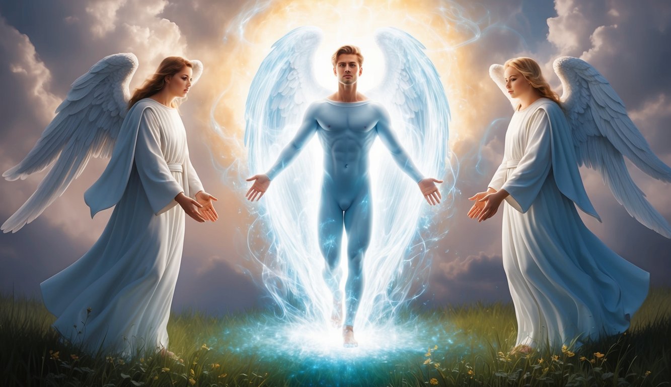 A figure surrounded by ethereal light, shielded by angelic guardians as fear is cast away