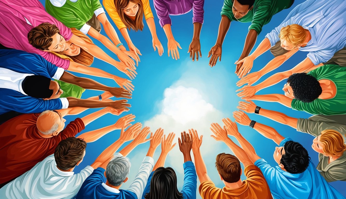 A group of people gathered in a circle, holding hands and looking upward with a sense of unity and peace