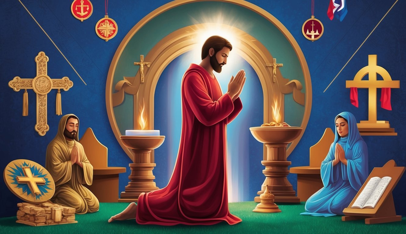 A figure standing in prayer, surrounded by symbols of faith and worship