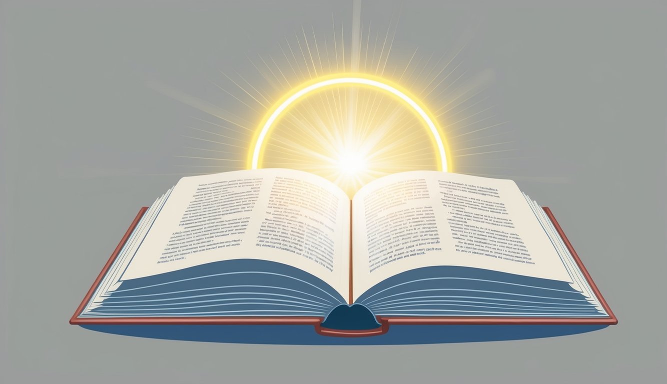 A serene, open book with rays of light shining on the page, surrounded by a halo of glowing, protective energy