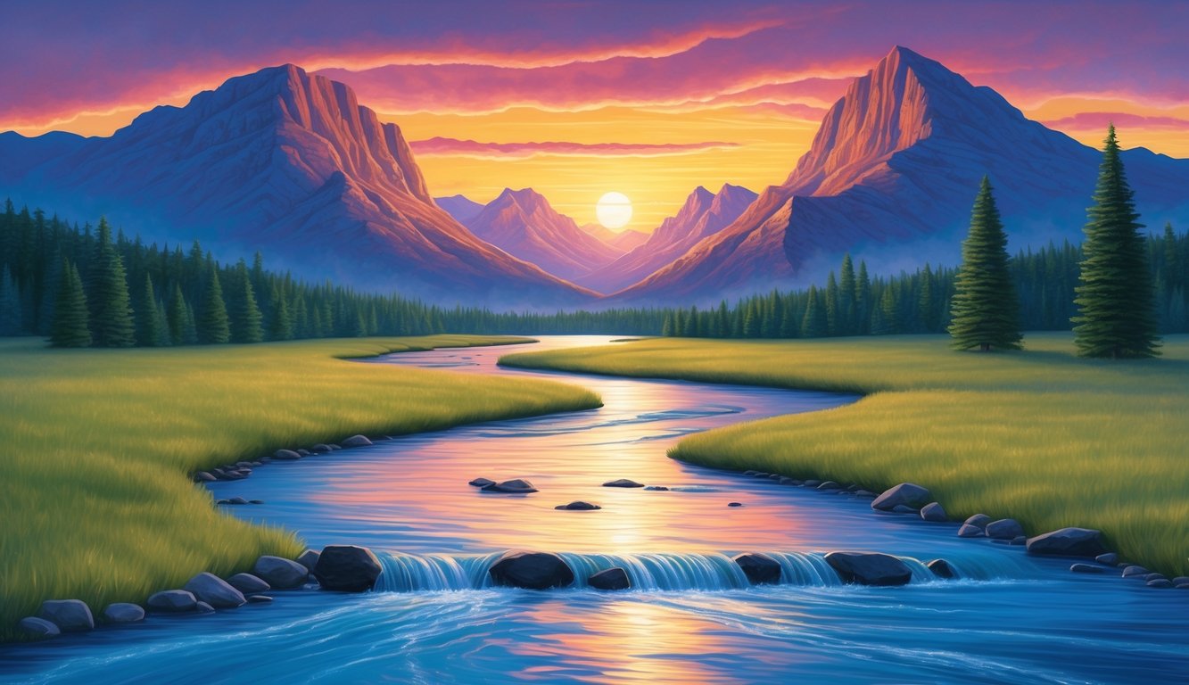 A serene landscape with a flowing river, towering mountains, and a vibrant sunset, evoking reflection and personal connection