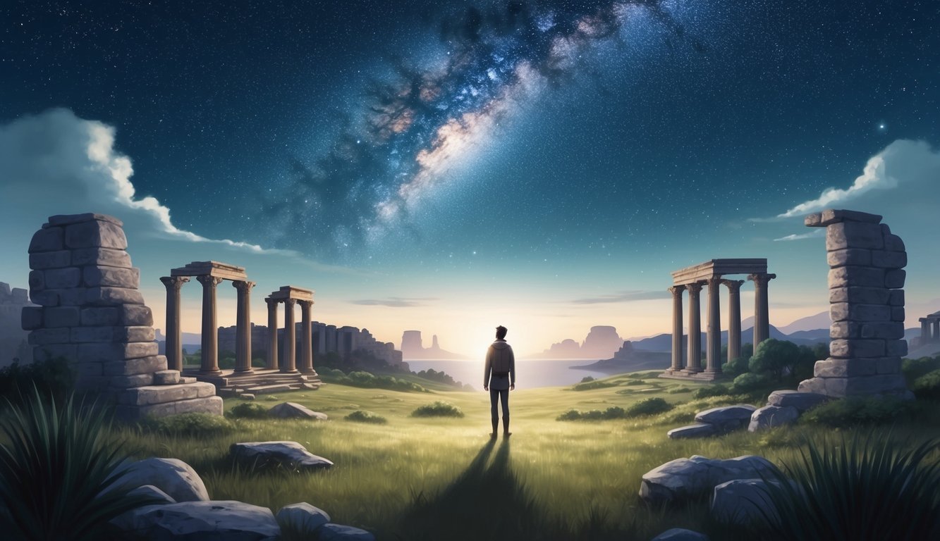 A serene landscape with a solitary figure gazing up at a starry sky, surrounded by ancient ruins and a sense of wonder