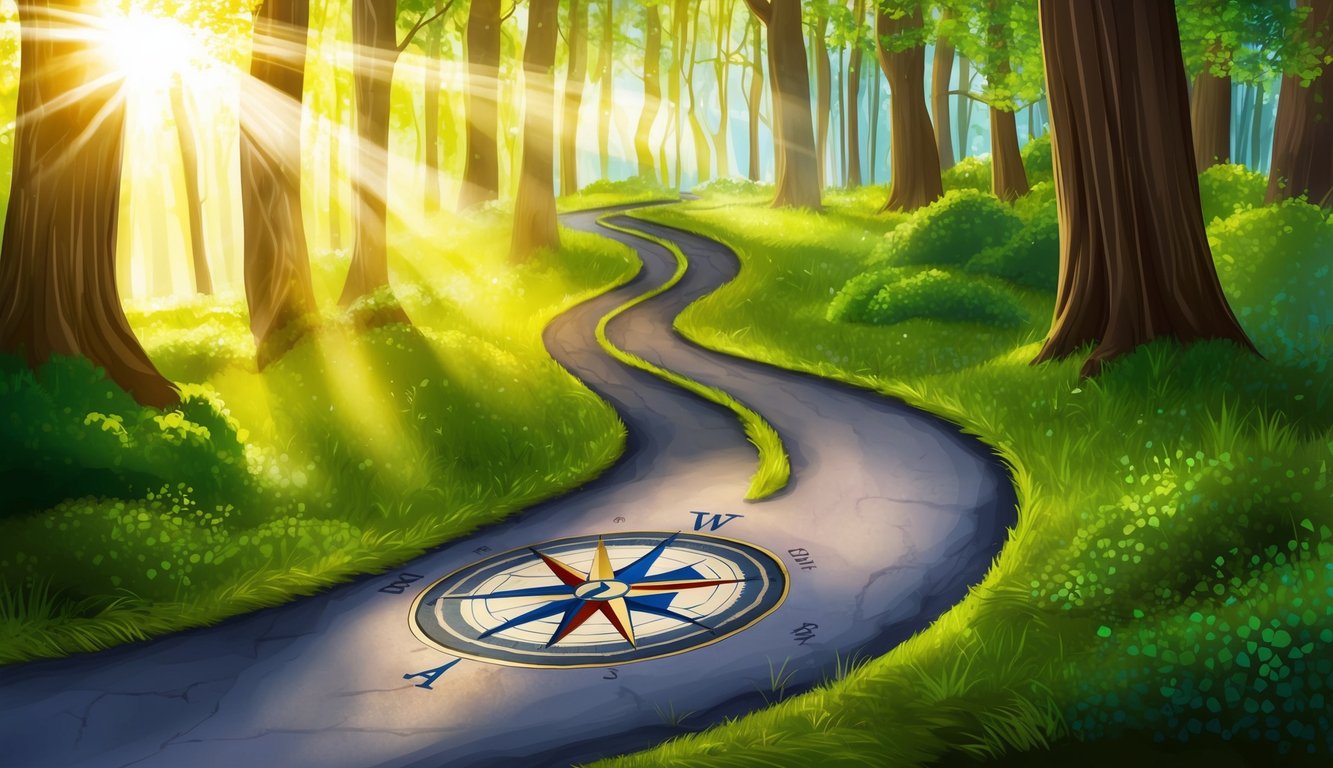 A winding path through a forest, with sunlight filtering through the trees and illuminating a compass rose embedded in the ground