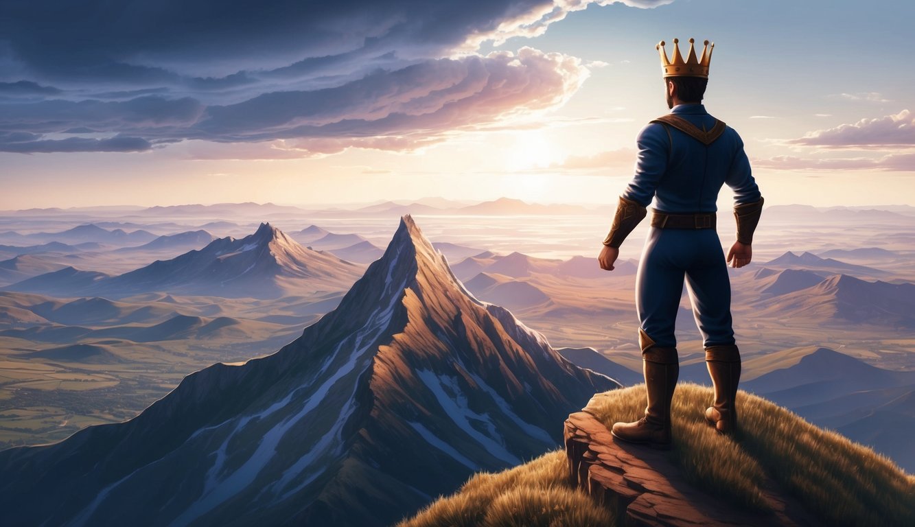 A figure standing atop a mountain, overlooking a vast landscape with a crown symbolizing leadership and authority