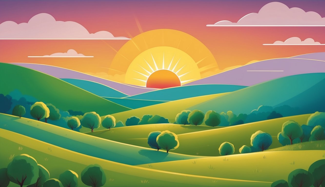 A serene landscape with a vibrant sunrise over rolling hills, symbolizing hope and gratitude