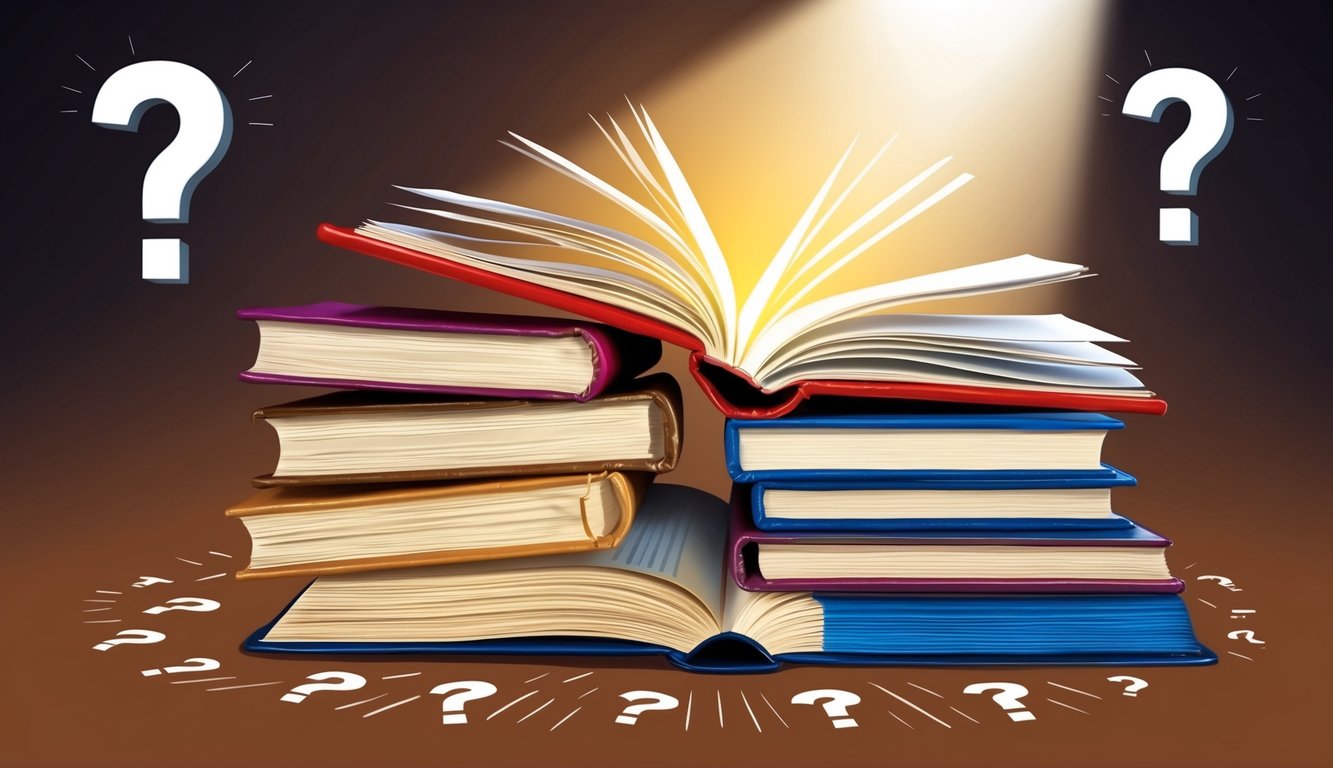 A stack of open books with a spotlight shining on them, surrounded by question marks and a sense of curiosity