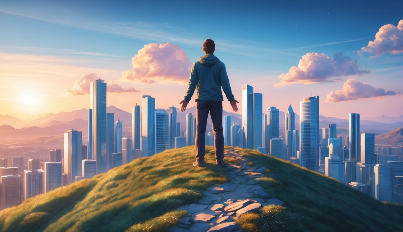 A person standing on a mountaintop, surrounded by modern cityscape, with a sense of peace and gratitude