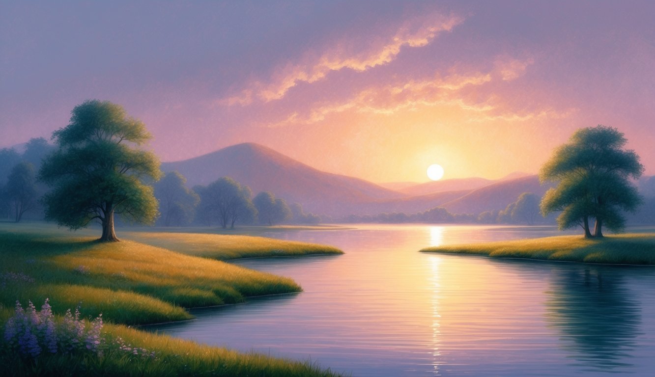 A serene landscape with a glowing sunrise, a tranquil body of water, and a sense of peace and contemplation