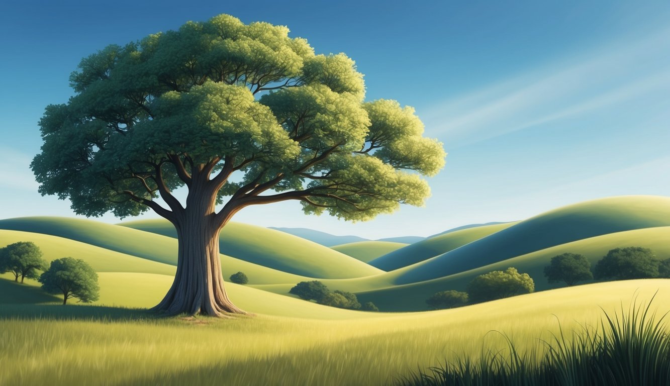 A serene landscape with a wise old tree, surrounded by rolling hills and a clear blue sky