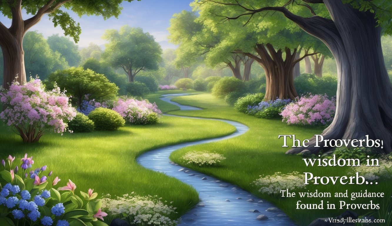 A tranquil garden with a winding path, surrounded by blooming flowers and shaded by ancient trees.</p><p>A stream flows gently through the scene, symbolizing the wisdom and guidance found in Proverbs