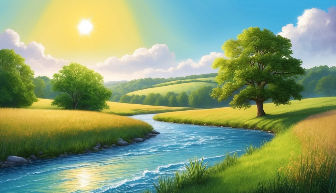 A serene countryside landscape with a flowing river, lush greenery, and a bright, sunny sky