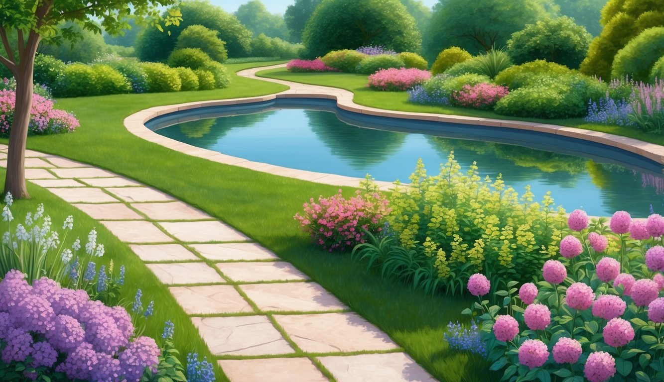 A serene garden with a path leading to a peaceful pond, surrounded by blooming flowers and lush greenery