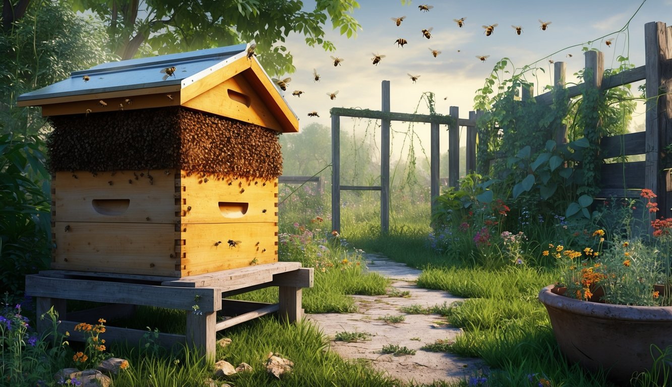 A bustling beehive contrasts with an abandoned, overgrown garden