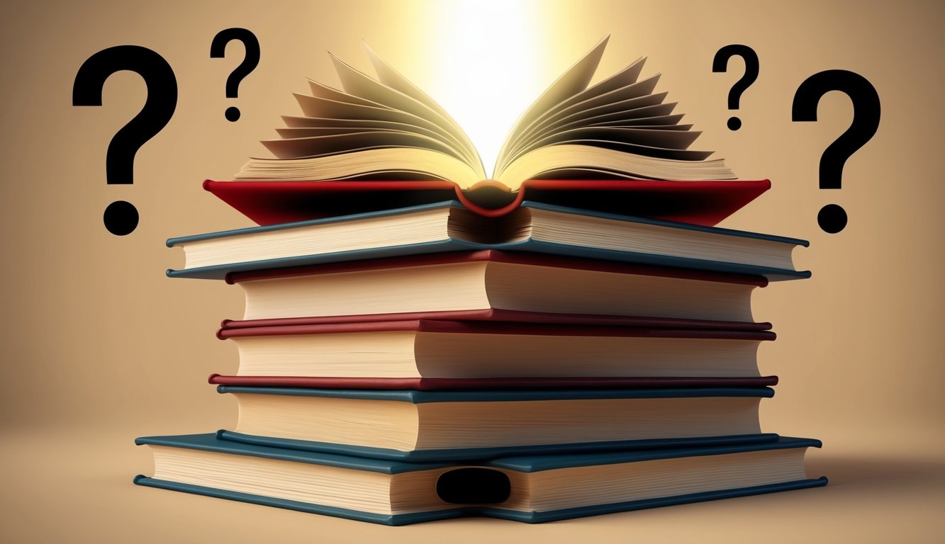 A stack of open books with a glowing light above, surrounded by question marks