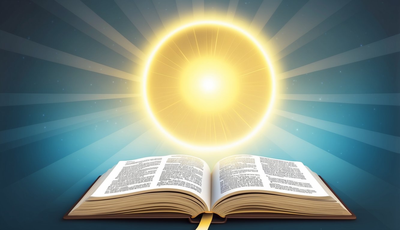 A glowing halo above an open book, surrounded by rays of light and a sense of peaceful reverence