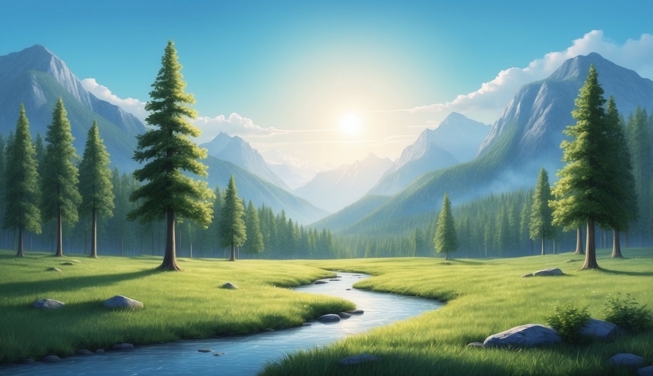 A serene, sunlit forest clearing with a gentle stream, surrounded by towering mountains and a clear blue sky, evoking a sense of peace and security