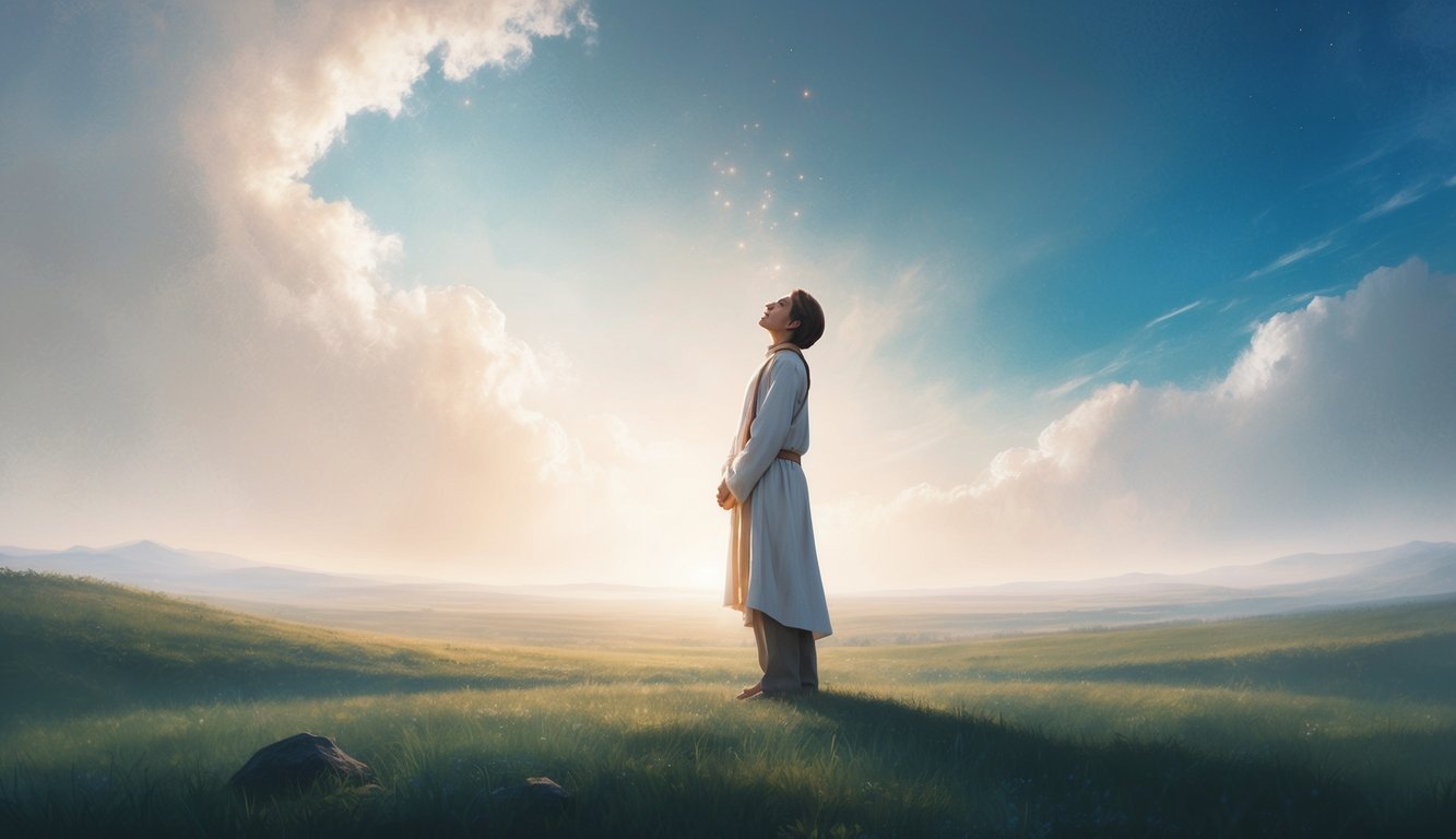 A figure standing in a vast, peaceful landscape, looking upward with a sense of contemplation and reverence.</p><p>The scene is filled with a sense of spiritual connection and seeking divine guidance