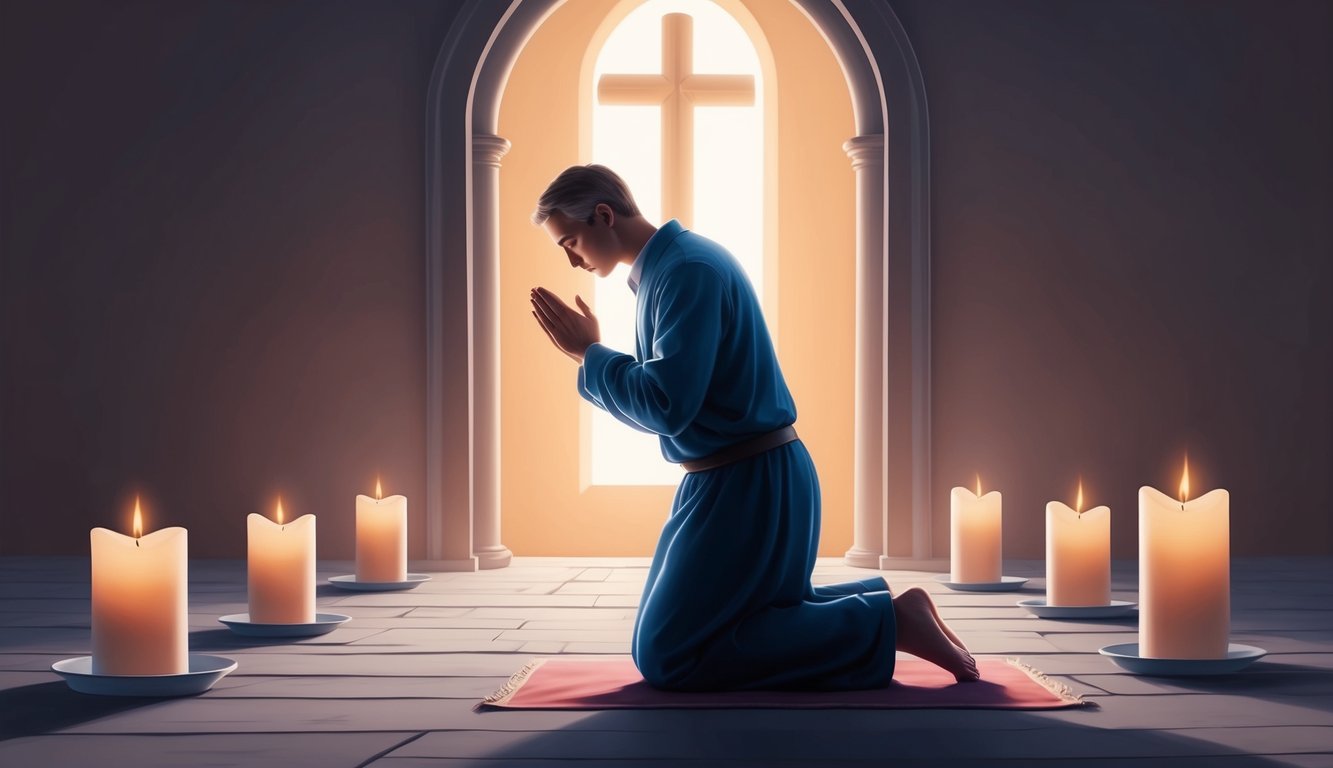 A solitary figure kneels in prayer, surrounded by soft candlelight and a sense of peaceful devotion