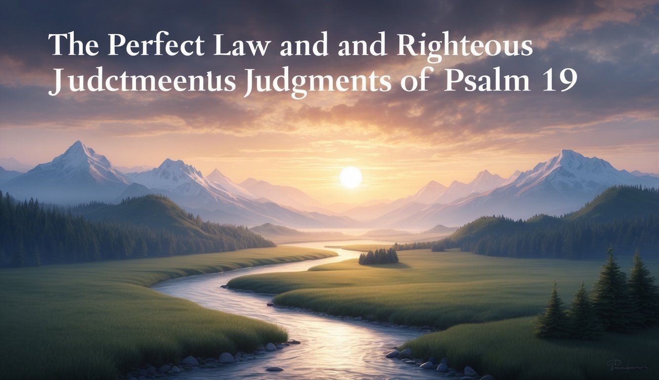 A majestic sunrise over a serene landscape, with mountains and a flowing river, symbolizing the perfect law and righteous judgments of Psalm 19