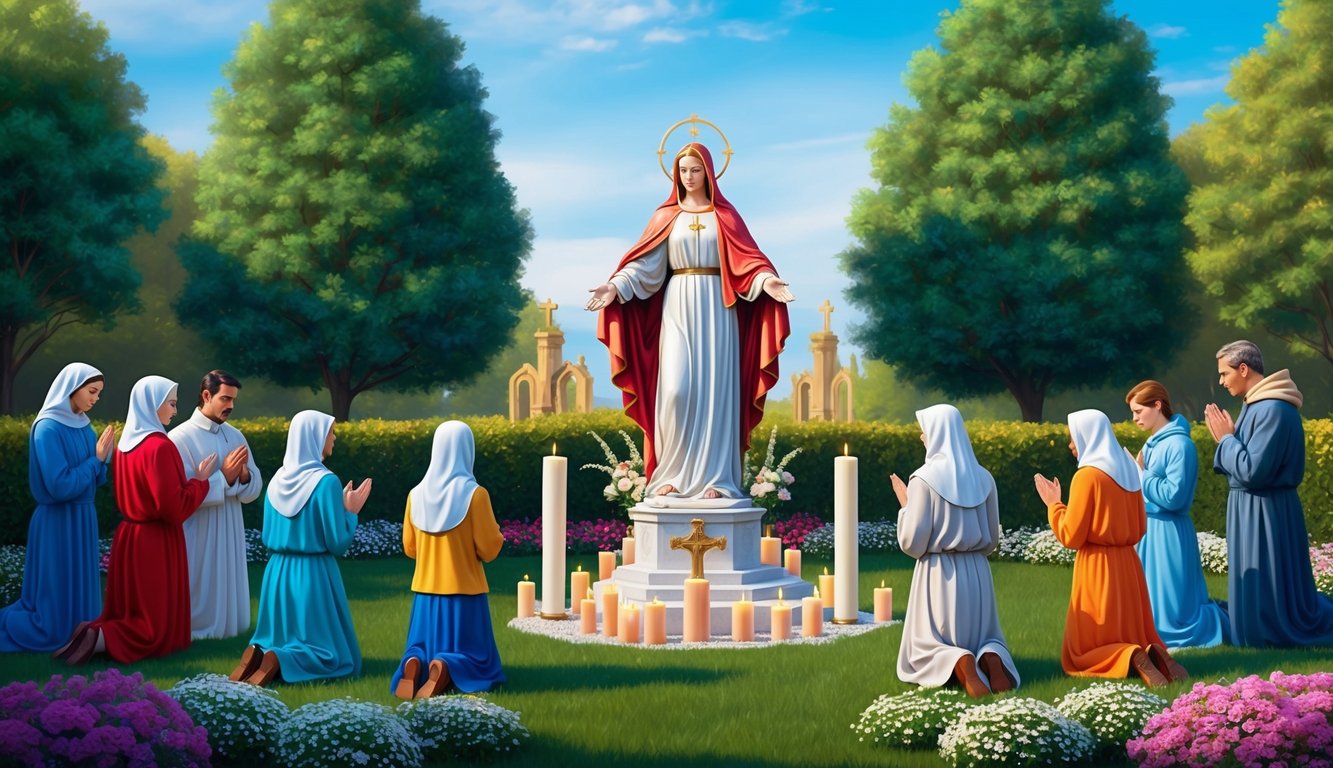 A serene garden with a statue of Saint Monica surrounded by candles and flowers, as people gather to pray and seek guidance