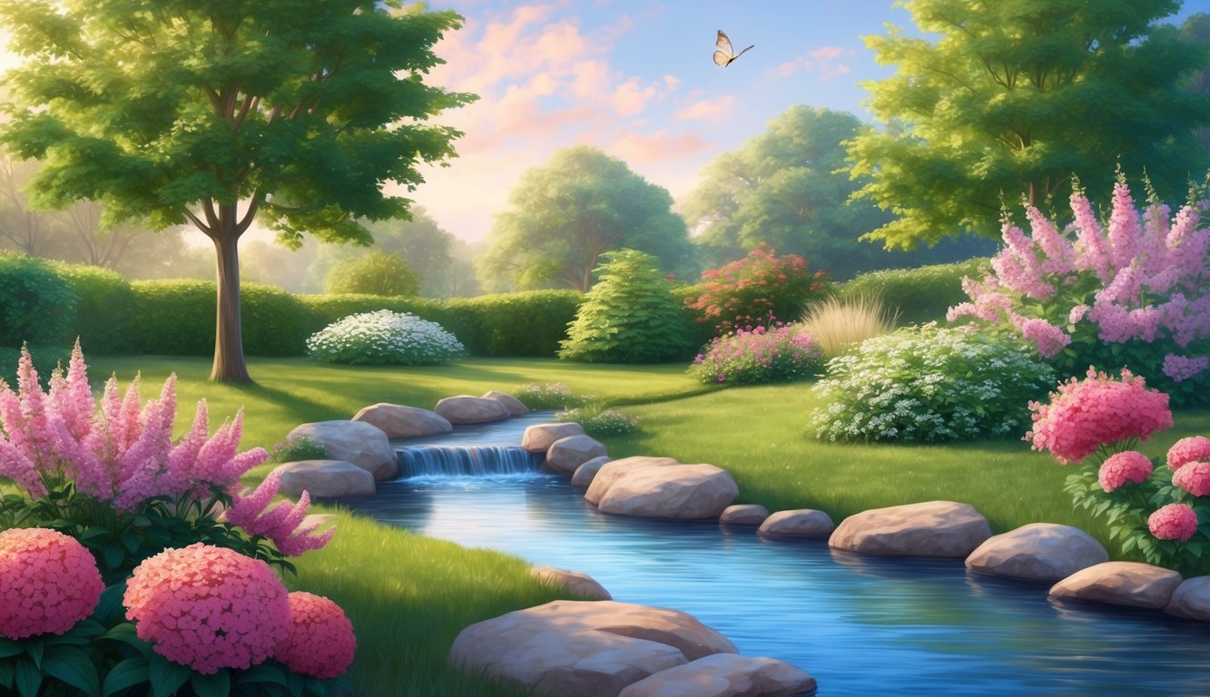 A serene garden with a stream, blooming flowers, and a gentle breeze