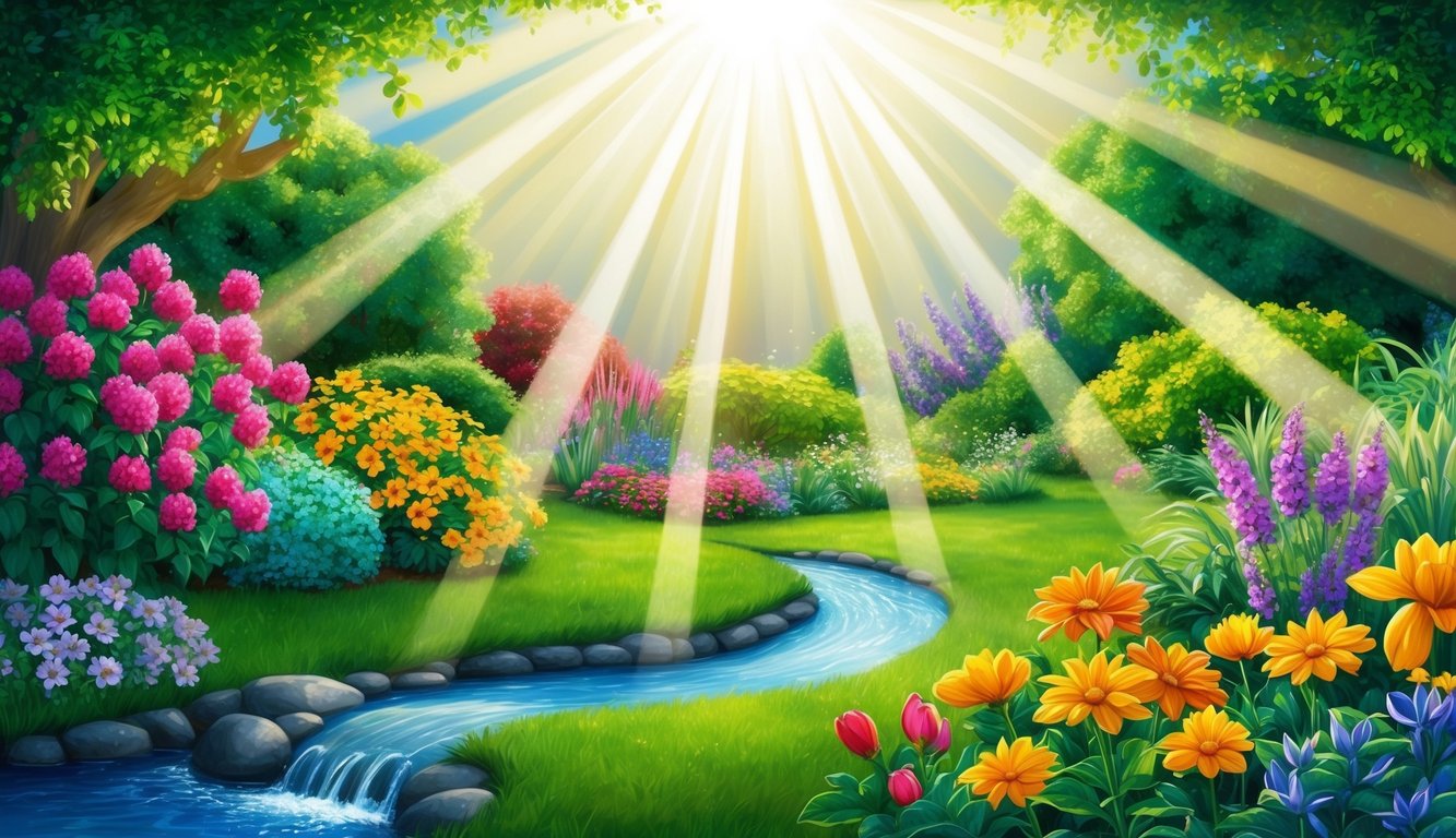 A radiant beam of light shining down on a lush garden, with vibrant flowers blooming and a peaceful stream flowing through