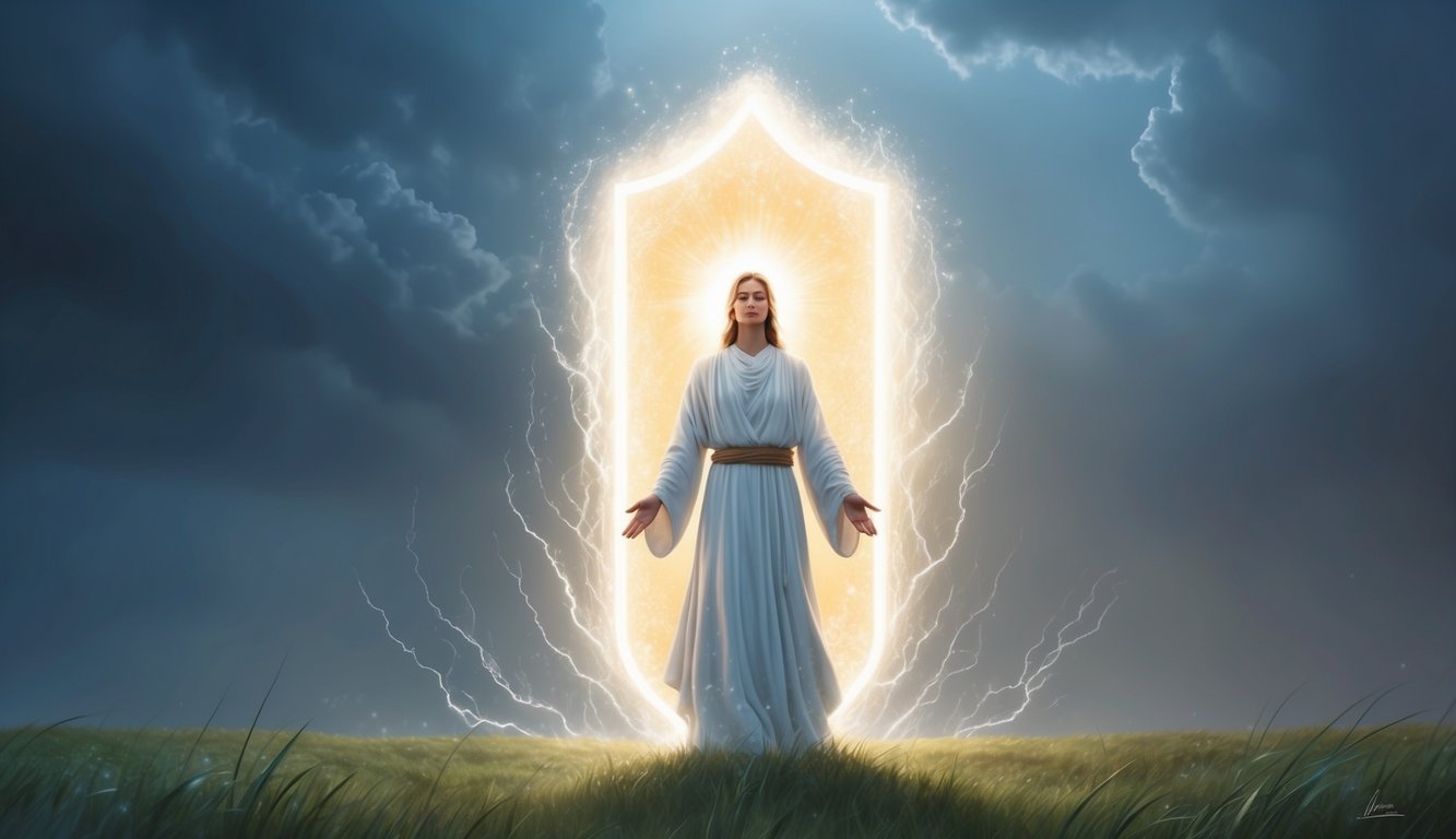 A serene figure surrounded by a shield of light, standing amidst a storm with a sense of calm and protection