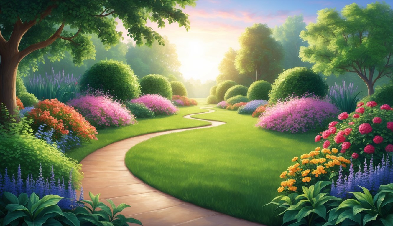 A serene garden with a winding path leading to a peaceful, sunlit clearing surrounded by vibrant flowers and lush greenery