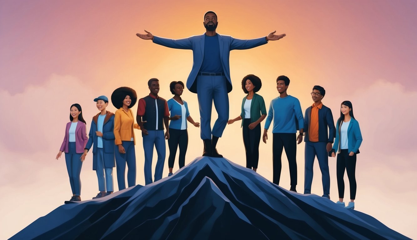 A figure standing on a mountain, arms outstretched, surrounded by a group of diverse individuals