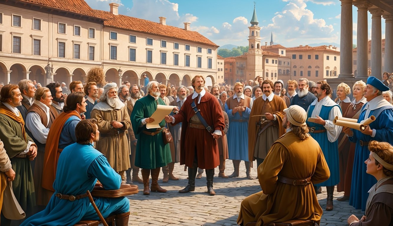 A group of people gather in a public square, listening to a speaker with a scroll in hand.</p><p>The surroundings suggest a historical setting