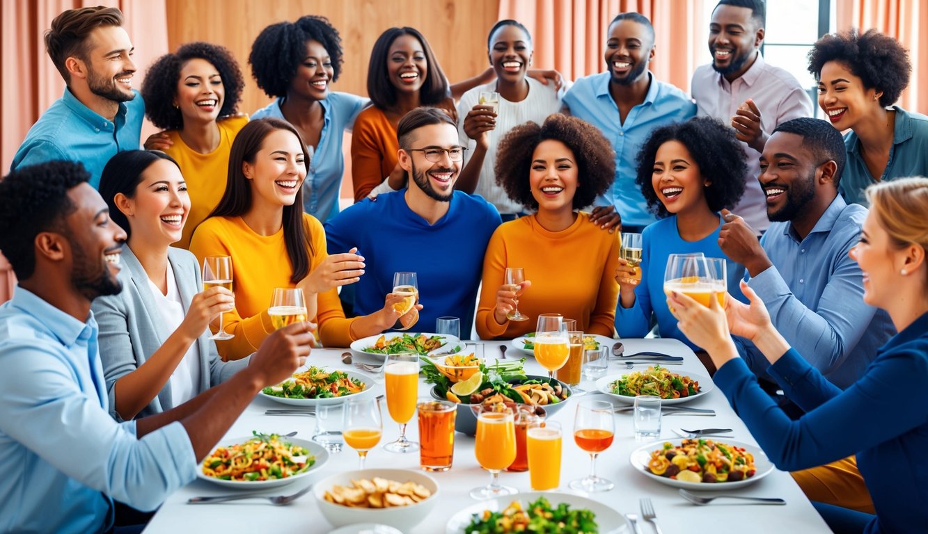 A group of people gathered, expressing joy and celebration with smiles and laughter.</p><p>Tables are filled with food and drink, creating a festive atmosphere