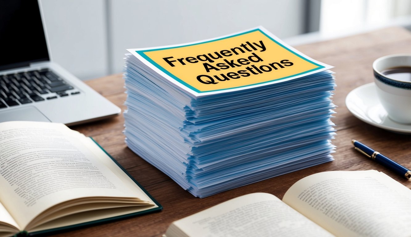 A stack of paper with "Frequently Asked Questions" printed on top, surrounded by a laptop, pen, and open book