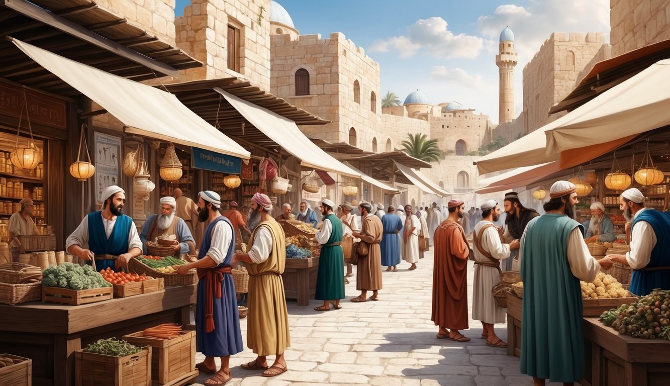 A bustling marketplace in ancient Judea, with merchants selling goods and locals going about their daily activities