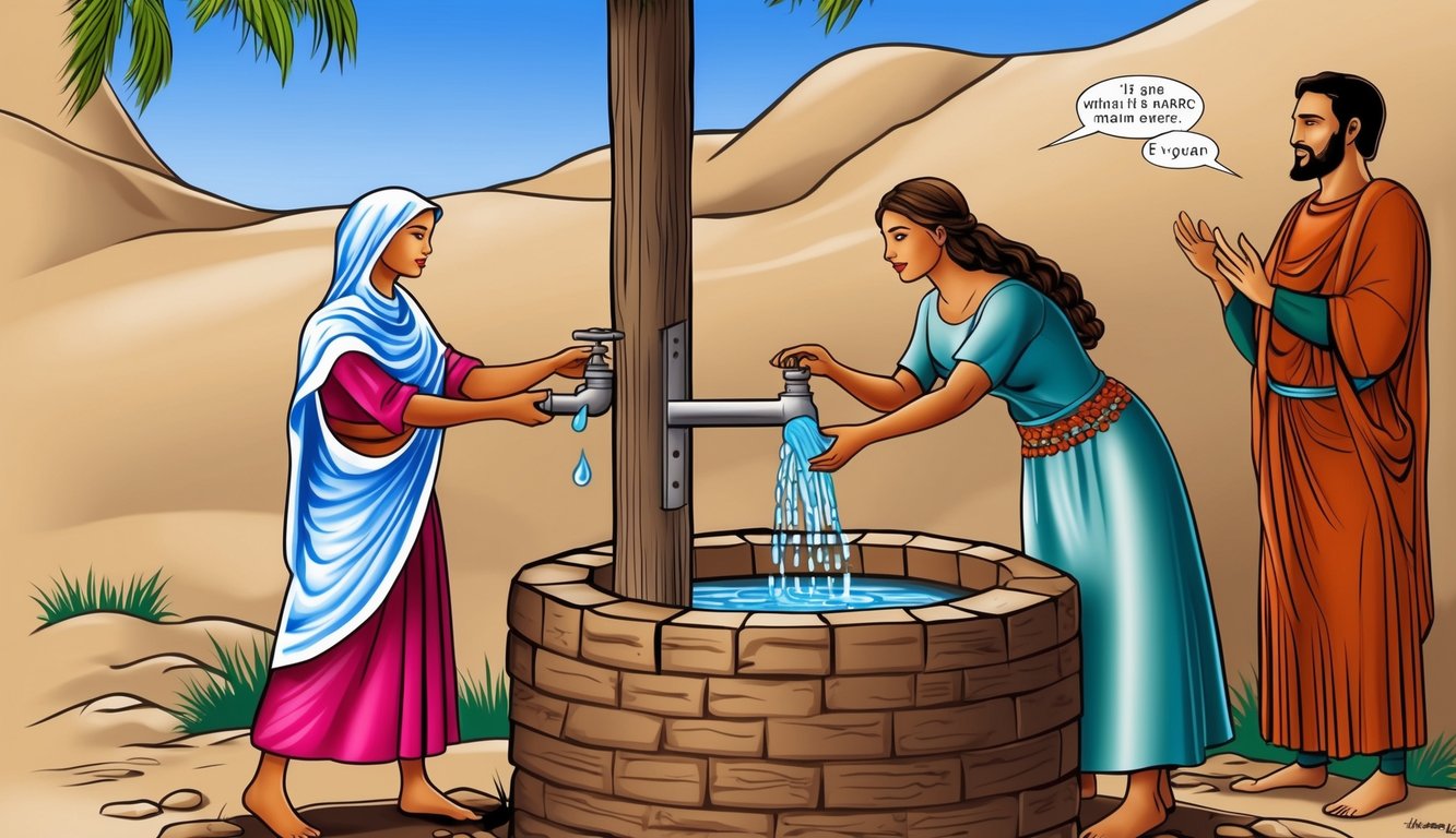 A woman drawing water from a well, while a figure speaks to her