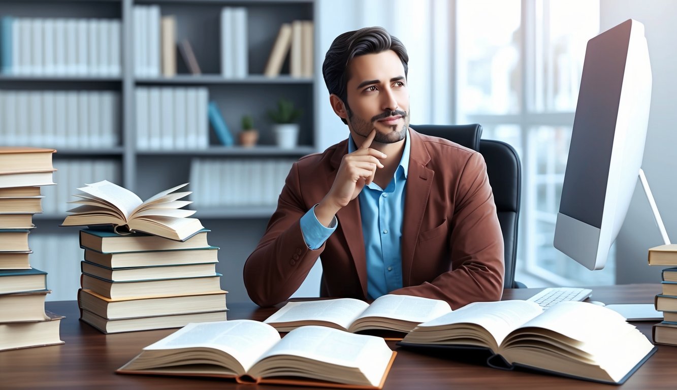 A man sitting at a desk, surrounded by open books and a computer, with a thoughtful expression on his face