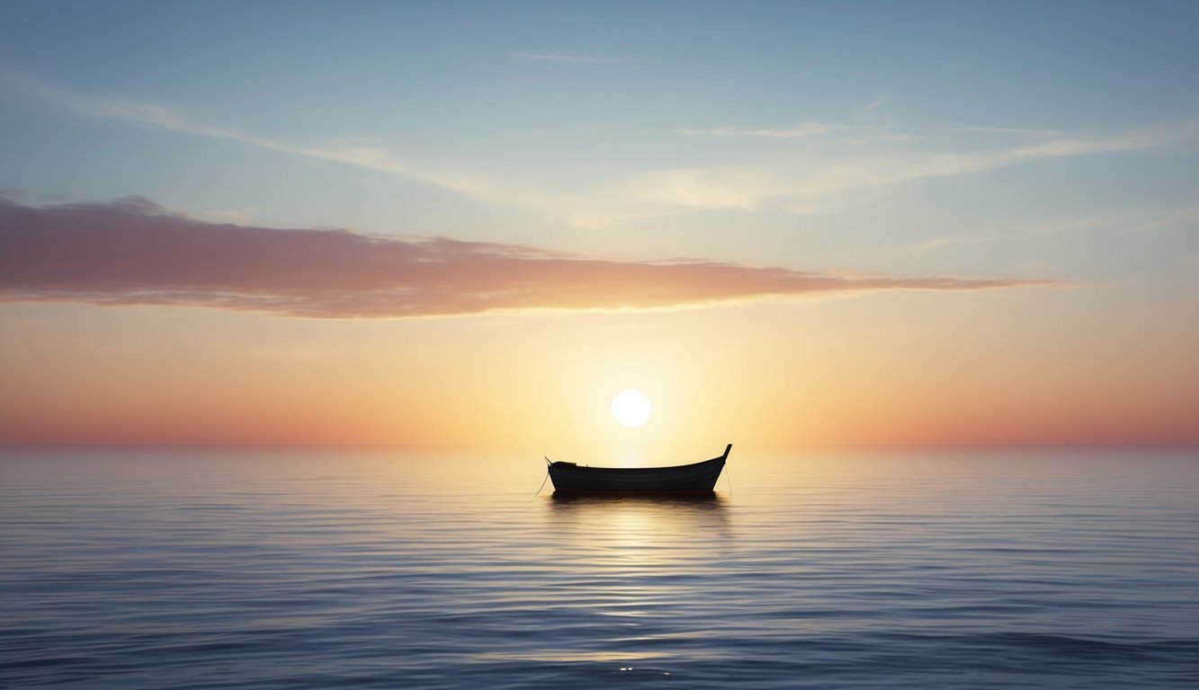 A sunrise over a calm ocean, with a lone boat on the horizon, symbolizing hope and new beginnings